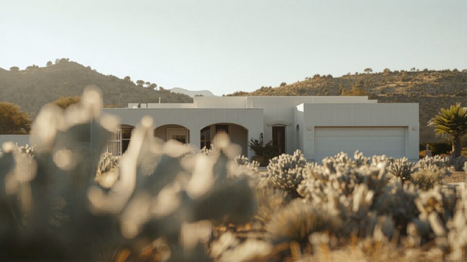 An attractive Spanish-modern California home against sunlit hills