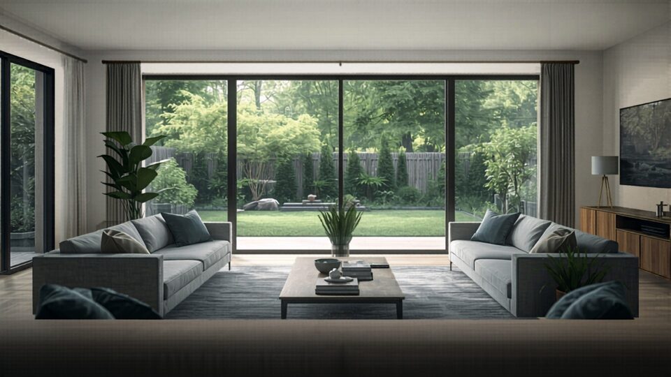 A bright renovated living room opening to a green backyard in a Michigan home — funded by a home equity line of credit
