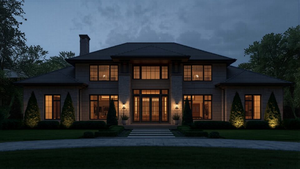 An upscale luxury home at dusk in an affluent Michigan suburb — jumbo mortgage financing