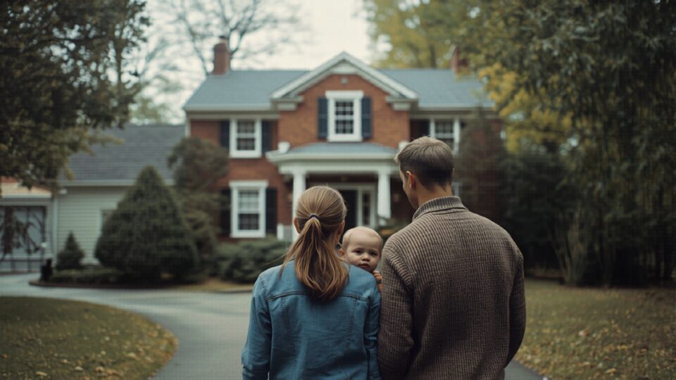 A young family outside a brick colonial home in a leafy Michigan neighborhood — non-QM loans for buyers who don't fit the traditional bank box