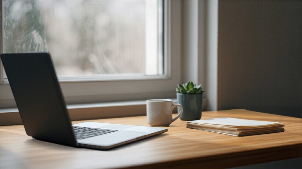 A sunny home desk set up to review Michigan mortgage refinance paperwork