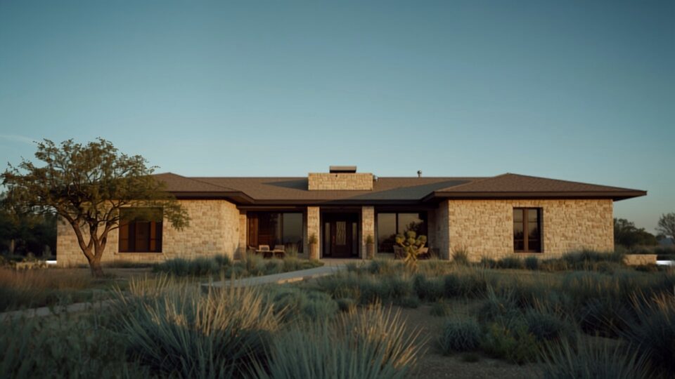 A handsome stone-and-brick Texas home under a big open sky